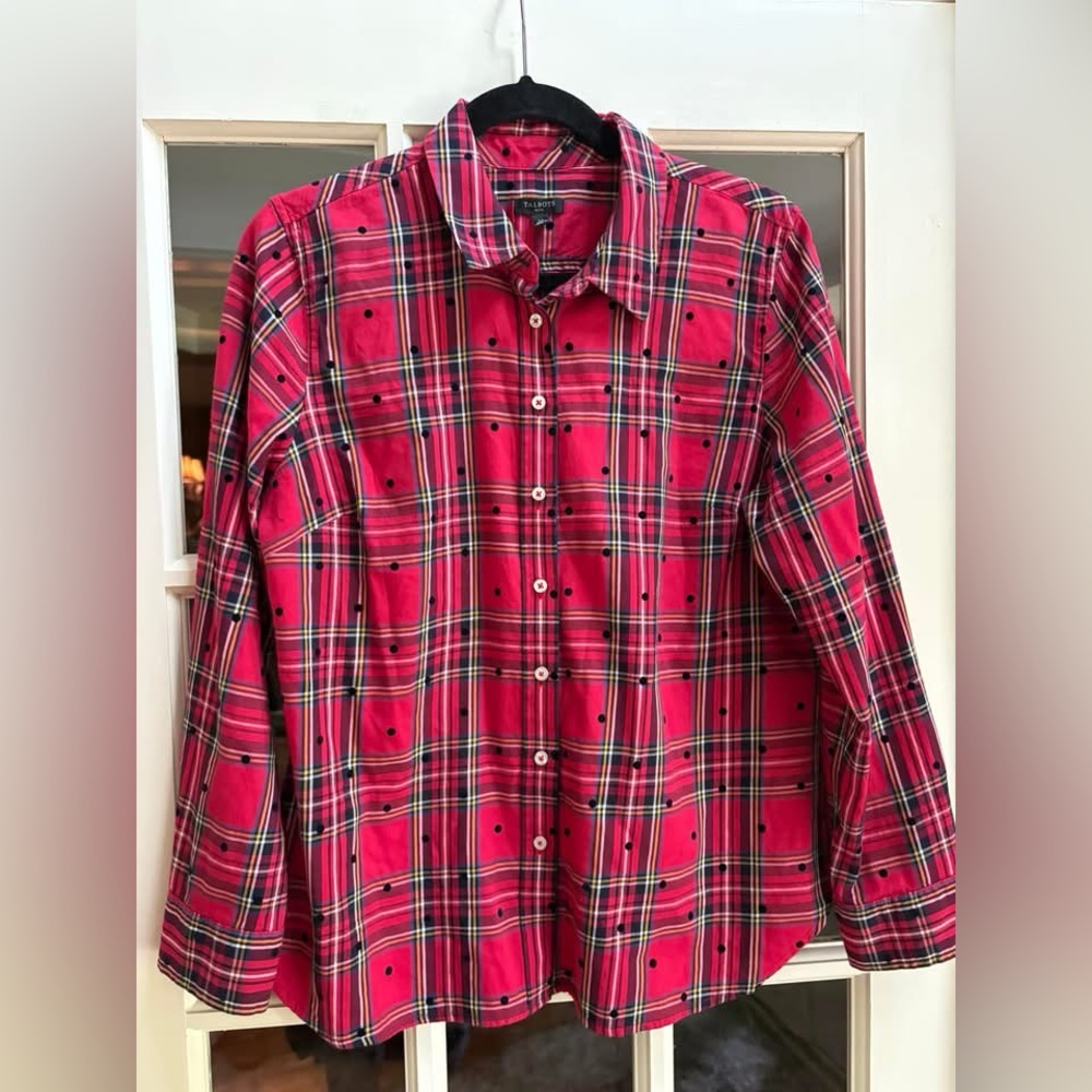Talbots Large Petite Holiday Plaid Button-Up with Black Polka Dots